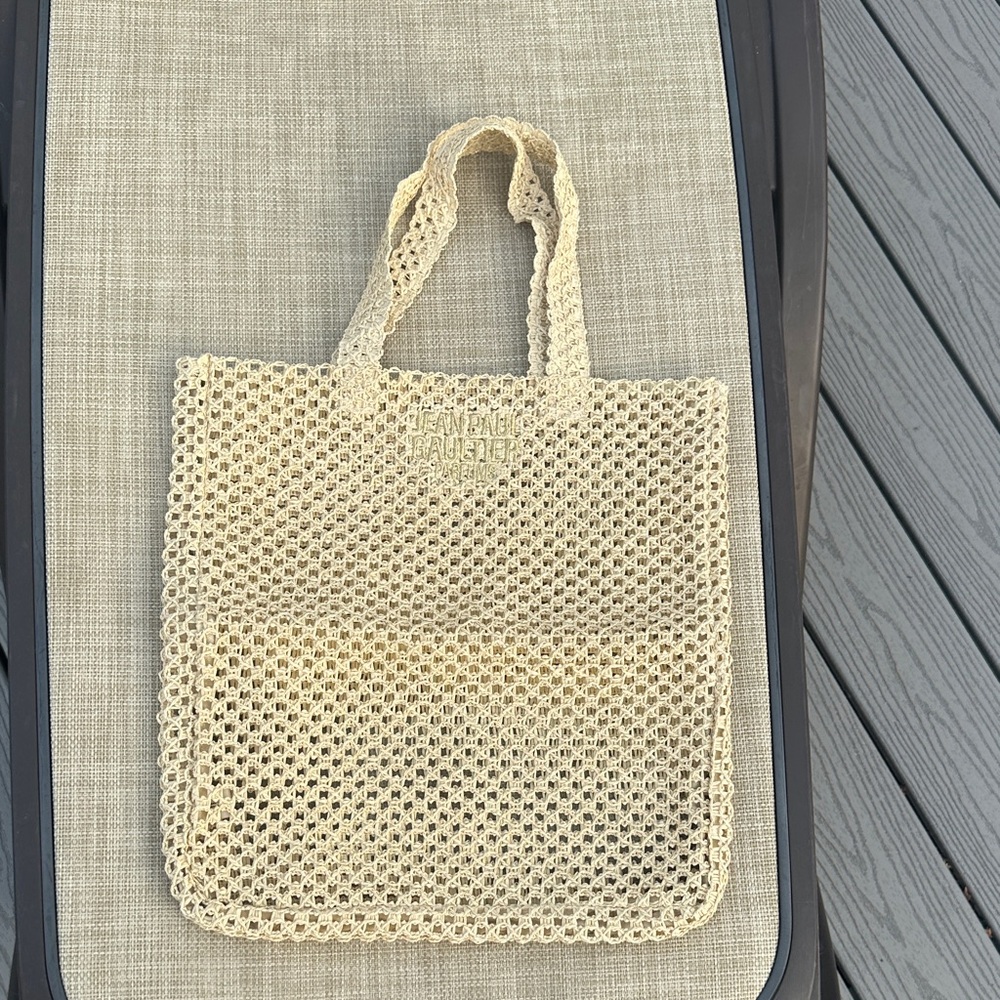 Jean Paul Gaultier Raffia Crochet Designer Summer Beach Tote Tan Glitter Bag